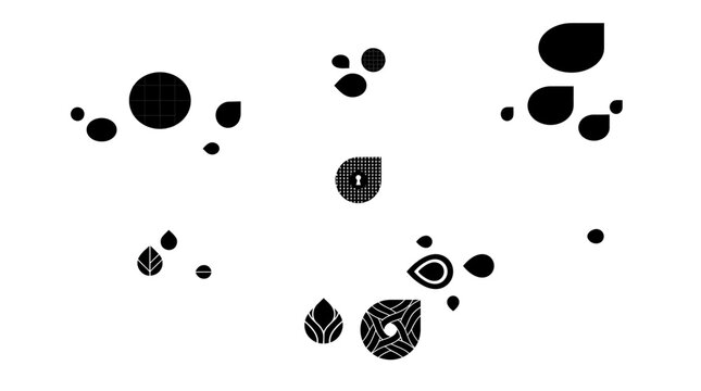 Conjunto de iconos abstractos en forma de gota con patrones geom&eacute;tricos y minimalistas sobre un fondo blanco limpio, ideales para dise&ntilde;o gr&aacute;fico y elementos de interfaz de usuario.