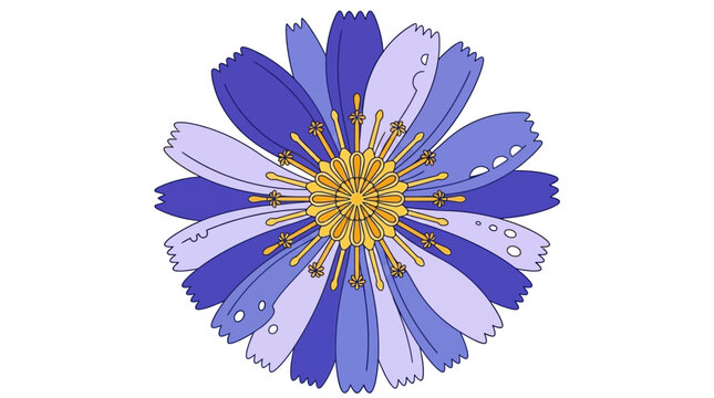 Eine stilisierte, flache Vektorillustration einer blauen Zichorienbl&uuml;te mit gelber Mitte, isoliert auf einem wei&szlig;en Hintergrund f&uuml;r botanische Designs und kreative Projekte.
