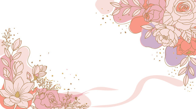 Fundo elegante com ilustra&ccedil;&otilde;es de flores delicadas em tons past&eacute;is, rosas e lil&aacute;s, com elementos decorativos abstratos e amplo espa&ccedil;o central para texto ou design personalizado.