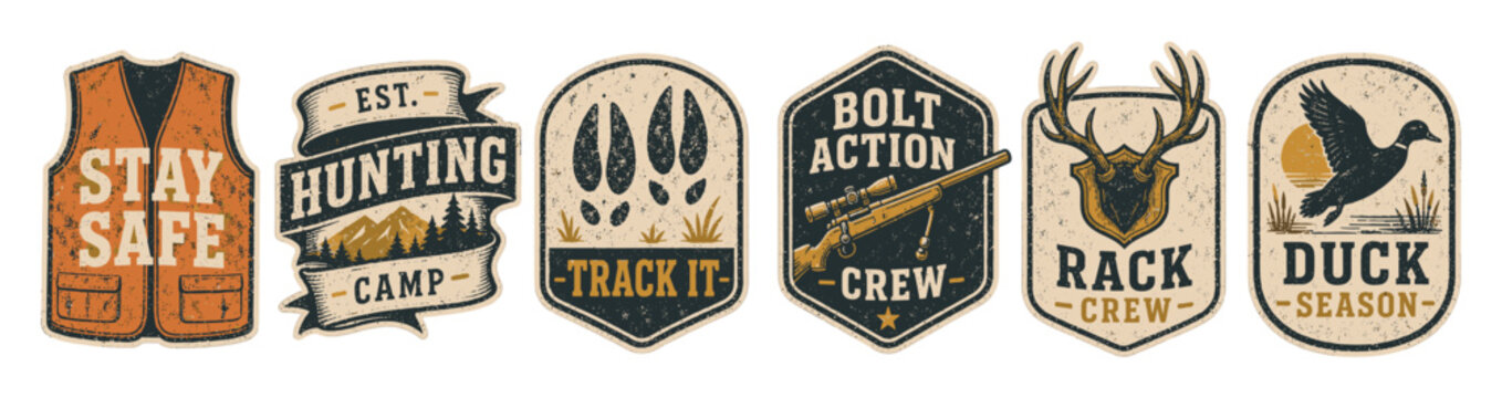 Vintage hunting badges and emblems set featuring a safety vest, mountain camp, animal tracks, bolt action rifle, deer antlers, and flying duck in a distressed retro style