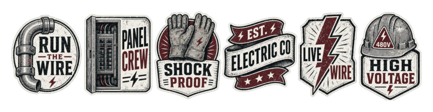 Vintage electrician badges and stickers set featuring industrial elements like electrical panel, safety gloves, hard hat, conduit pipe, and lightning bolts in a distressed retro style