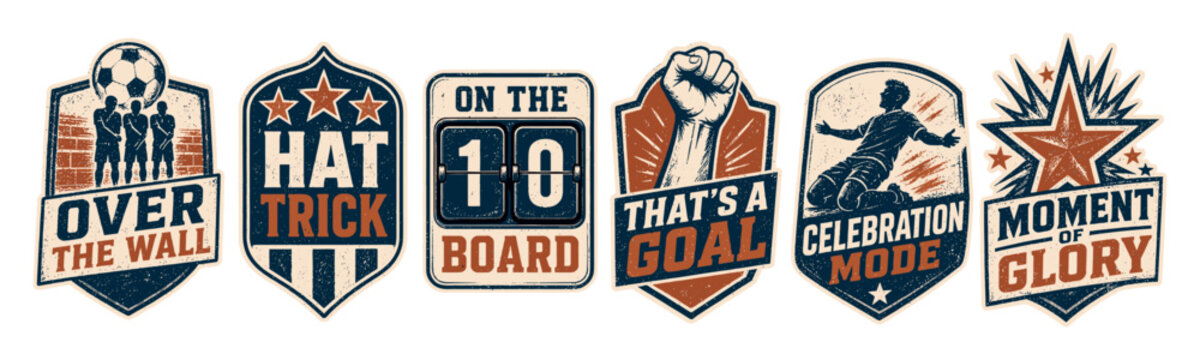 Vintage soccer badges and emblems set featuring retro designs for hat trick, goal celebration, scoreboard, and moment of glory achievements