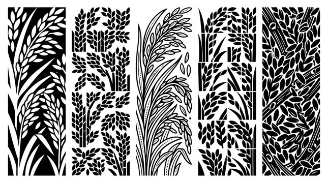 Set di illustrazioni vettoriali in bianco e nero raffiguranti spighe di riso e motivi agricoli stilizzati per design decorativi, sfondi naturali e progetti grafici orientali.