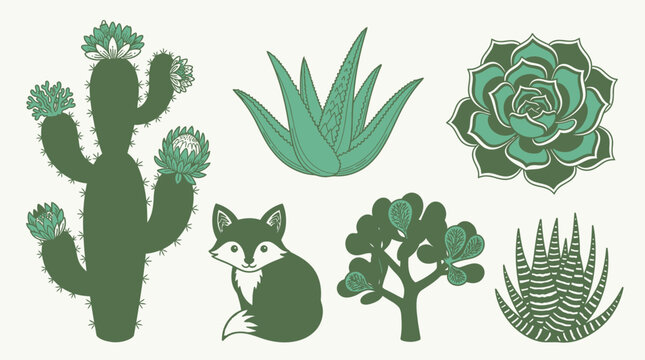 Conjunto de ilustra&ccedil;&otilde;es vetoriais com cactos, plantas suculentas variadas e uma raposa fofa em tons de verde, ideal para design gr&aacute;fico, decora&ccedil;&atilde;o de interiores e projetos bot&acirc;nicos.