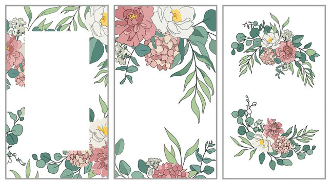 Set di cornici floreali eleganti con rose rosa, peonie bianche e foglie di eucalipto verde su sfondo bianco, ideali per inviti di nozze, biglietti di auguri e design decorativi raffinati.