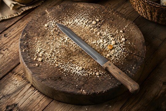 Thick rustic wooden chopping block covered in fresh bakery breadcrumbs with vintage kitchen bread knife