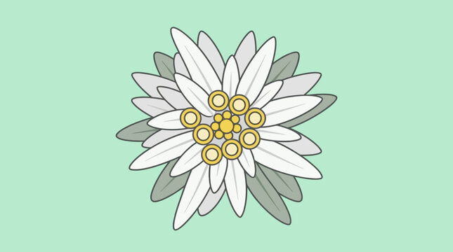 Illustrazione vettoriale stilizzata di un fiore di stella alpina, Leontopodium nivale, con petali bianchi e centro giallo su uno sfondo verde pastello, ideale per design naturalistici.
