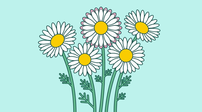 Eine charmante Illustration eines Strau&szlig;es aus wei&szlig;en G&auml;nsebl&uuml;mchen mit gelben Zentren und gr&uuml;nen Stielen vor einem hellblauen Hintergrund im flachen Grafikdesign-Stil.