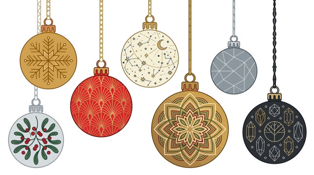 Set di palline di Natale decorative appese con vari motivi geometrici, floreali e celesti, illustrazione vettoriale isolata su sfondo bianco per decorazioni festive e design natalizio.
