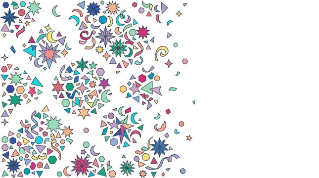 Padr&atilde;o festivo abstrato com formas geom&eacute;tricas coloridas, estrelas, luas e elementos decorativos espalhados sobre um fundo branco com amplo espa&ccedil;o para texto.
