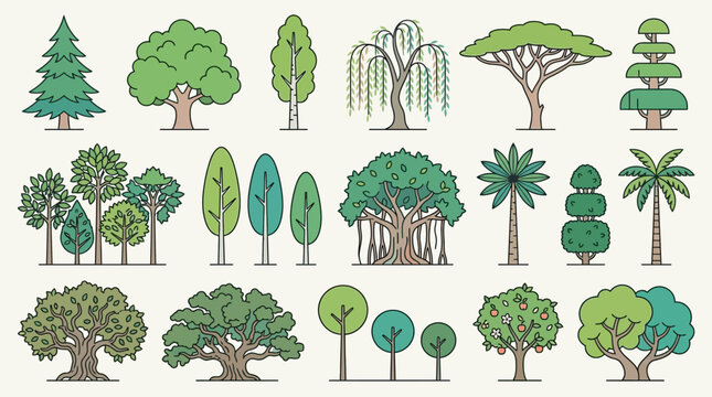 Eine Sammlung verschiedener Baumarten im flachen Vektor-Stil, die eine Vielzahl von Laub- und Nadelb&auml;umen sowie Palmen f&uuml;r botanische Illustrationen und &ouml;kologische Designprojekte zeigt.