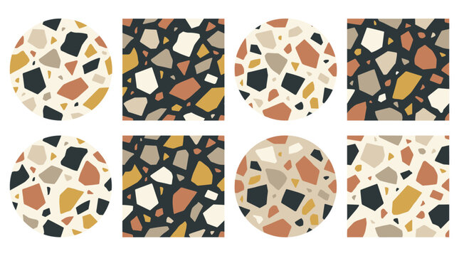 set of four seamless terrazzo patterns in geometric shapes circles and squares with neutral earthy color palette, abstract mosaic texture, decorative background for design