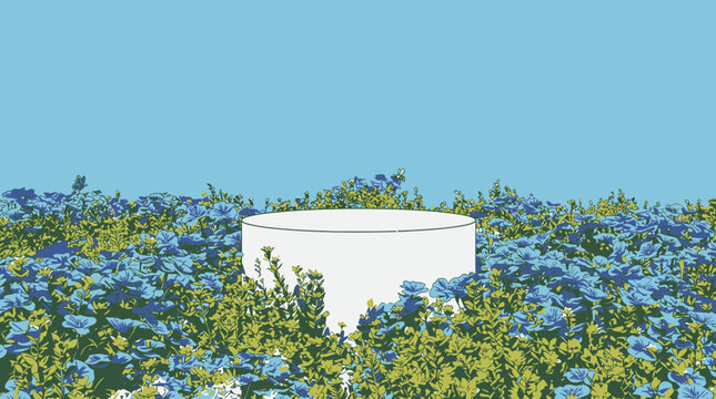 Un podio cilindrico bianco posizionato al centro di un campo di fiori blu vibranti con uno sfondo azzurro cielo, ideale per presentazioni di prodotti naturali e cosmetici.