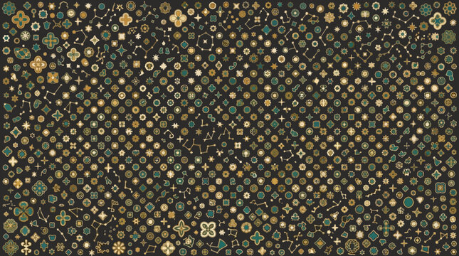 Fondo abstracto con patr&oacute;n geom&eacute;trico compuesto por peque&ntilde;as formas circulares y cuadradas en tonos verdes y dorados sobre un fondo oscuro, ideal para dise&ntilde;o gr&aacute;fico y texturas modernas.