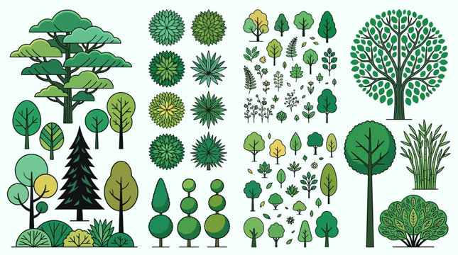 Conjunto de &iacute;cones vetoriais de &aacute;rvores e arbustos em estilo plano, apresentando diversas esp&eacute;cies de plantas, vistas laterais e de topo, ideais para design arquitet&ocirc;nico e paisagismo.
