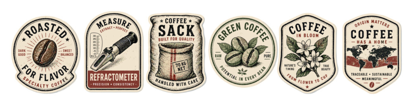 Vintage coffee labels and stickers set featuring hand drawn illustrations of coffee beans, refractometer, burlap sack, green coffee, and blooming flowers