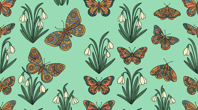 Patr&oacute;n sin costuras con mariposas ornamentales de estilo bohemio y flores de campanilla blanca sobre un fondo de color verde menta suave, ideal para dise&ntilde;o textil y papel tapiz.