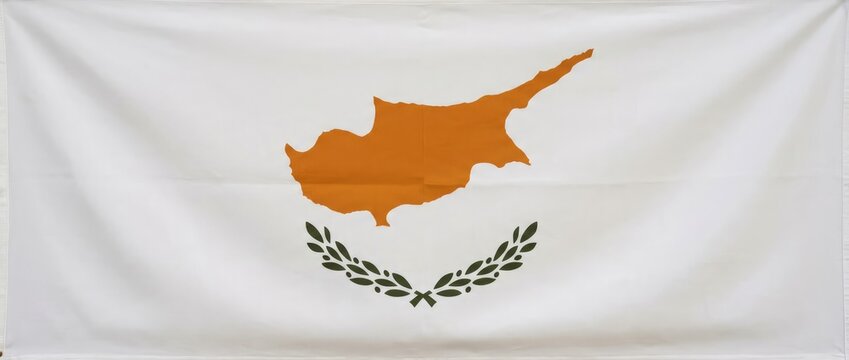 Flag of Cyprus, showing an island shape and olive branches on a white background