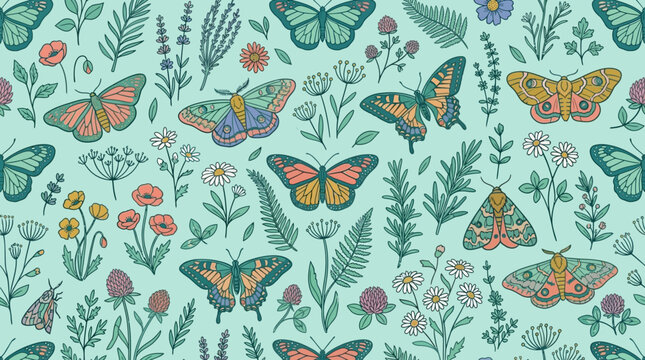 Patr&oacute;n sin costuras de mariposas coloridas y flores silvestres sobre un fondo verde menta suave, ilustraci&oacute;n bot&aacute;nica detallada con estilo art&iacute;stico vintage para dise&ntilde;o textil y papel tapiz.