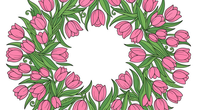 Una bellissima ghirlanda circolare composta da tulipani rosa illustrati con foglie verdi su sfondo bianco, perfetta come cornice decorativa per inviti, biglietti di auguri o design primaverili.