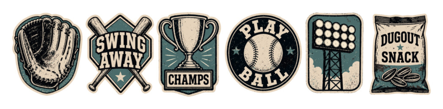 Vintage baseball stickers and emblems set featuring glove, crossed bats, championship trophy, play ball badge, stadium lights, and dugout snack bag