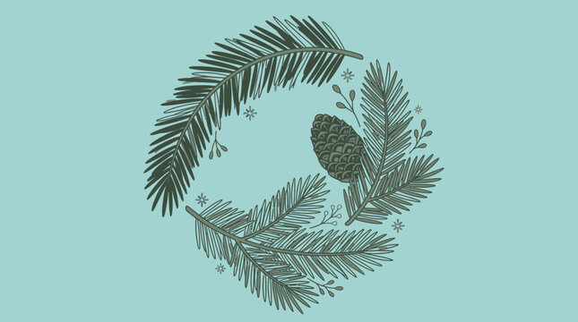 Illustrazione vettoriale di una ghirlanda natalizia minimalista composta da rami di pino e una pigna su uno sfondo color verde acqua pastello, ideale per design festivi eleganti.