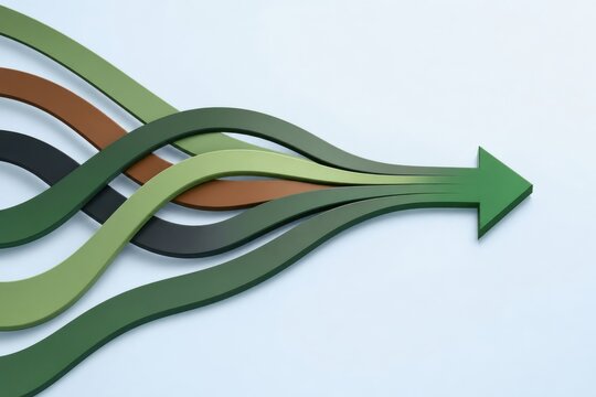 Multiple colorful ribbons merging into one single green arrow pointing forward with direction, strategy