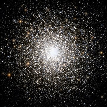 Dense deep space globular star cluster glowing like magnificent spherical golden swarm cosmic galaxy view