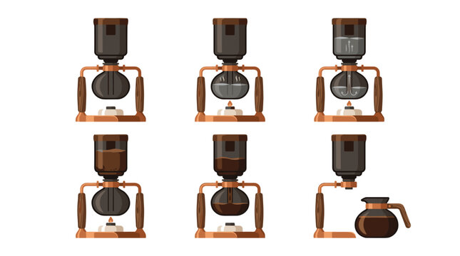 Set of pixel art illustrations showing a coffee siphon brewer in different stages of operation, from empty to brewing to serving, detailed copper and glass elements