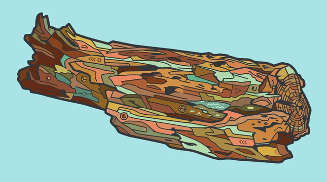 Ilustra&ccedil;&atilde;o estilizada de um tronco de &aacute;rvore de madeira com texturas geom&eacute;tricas coloridas e contornos definidos em um fundo azul claro, representando a natureza de forma art&iacute;stica.