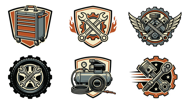 Set of pixel art emblems and icons with automotive and mechanical themes, including toolbox, crossed wrenches, engine parts, tire, and air compressor