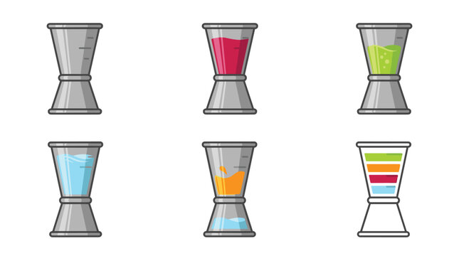 Set of pixel art jiggers filled with colorful liquids, representing cocktails and bar tools, ideal for beverage concepts or graphic elements