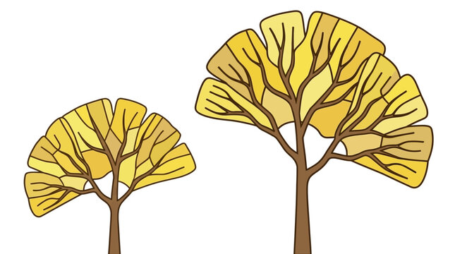 Zwei stilisierte Ginkgo-B&auml;ume mit charakteristischen f&auml;cherf&ouml;rmigen gelben Bl&auml;ttern in einer flachen Vektorillustration auf wei&szlig;em Hintergrund f&uuml;r herbstliche Designs.