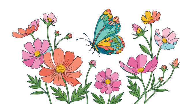 Eine wundersch&ouml;ne Illustration von bunten Kosmea-Blumen und einem farbenfrohen Schmetterling auf wei&szlig;em Hintergrund, perfekt f&uuml;r Fr&uuml;hlingsdesigns und dekorative Projekte.
