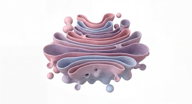 A detailed 3D render of the Golgi apparatus showing stacked cisternae and budding transport.