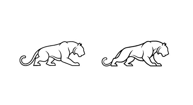 Two panthers in mid stride black line art illustration.