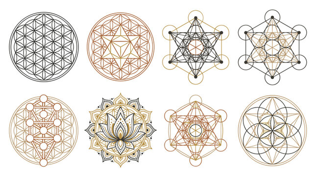 Set of sacred geometry symbols, metatron's cube, flower of life, merkaba, with pixelated and line art elements in bronze and black