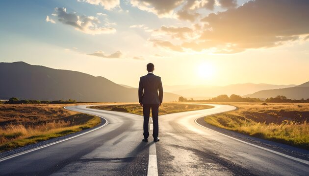 Businessperson standing at a road split during sunrise, representing career choices, decision making, opportunity, uncertainty, and future direction.