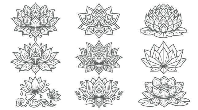 Conjunto de ilustraciones vectoriales de flores de loto con intrincados detalles lineales, perfectas para libros de colorear, dise&ntilde;os de tatuajes, logotipos de yoga o elementos decorativos de estilo