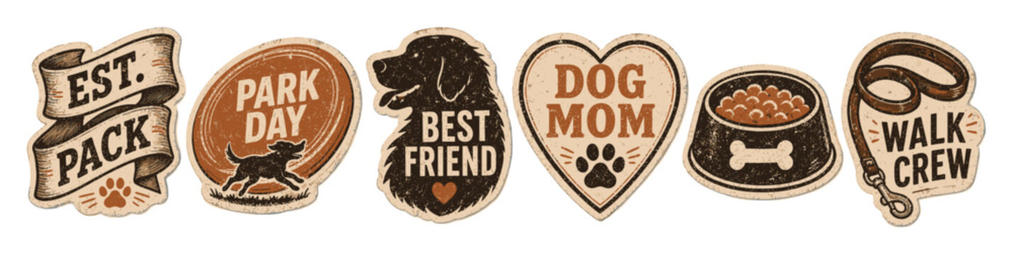 Vintage dog stickers set with retro illustrations of a dog bowl, leash, paw print, and pet slogans in a distressed textured style