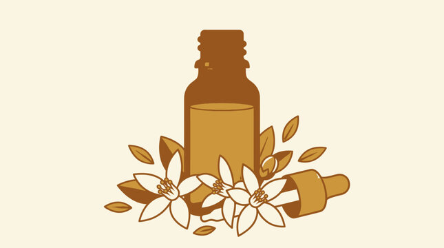 Illustrazione vettoriale di un flacone di olio essenziale con fiori di arancio e contagocce, rappresentante aromaterapia, benessere naturale e prodotti di bellezza biologici.