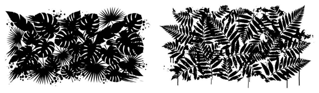 Botanical foliage with fern and monstera leaves silhouette borders in stencil style