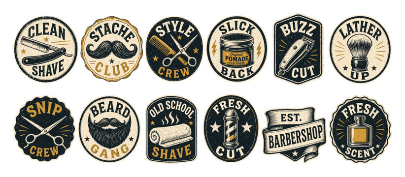 Vintage barbershop labels and badges set featuring classic grooming tools like scissors, straight razor, shaving brush, and pomade jar with retro typography