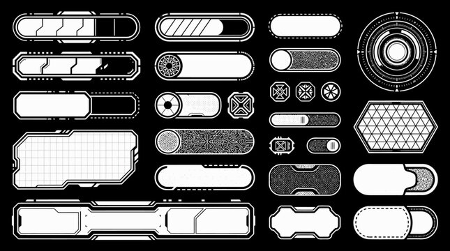 Colecci&oacute;n de elementos de interfaz de usuario futurista HUD con barras de carga, botones y marcos tecnol&oacute;gicos en blanco sobre un fondo negro para dise&ntilde;o de juegos y aplicaciones.