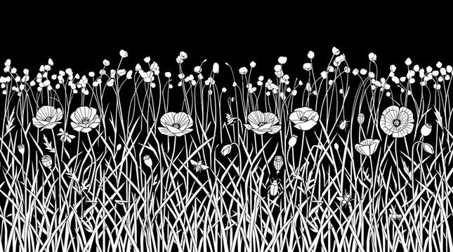 Illustrazione botanica in bianco e nero di un prato fiorito con papaveri ed erbe selvatiche su sfondo nero, ideale per design decorativo, sfondi eleganti e progetti grafici creativi.