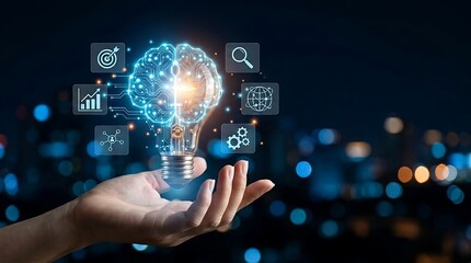 Fototapeta premium Digital Brain Light Bulb Idea Concept with Technology Icons and Human Hand at Night