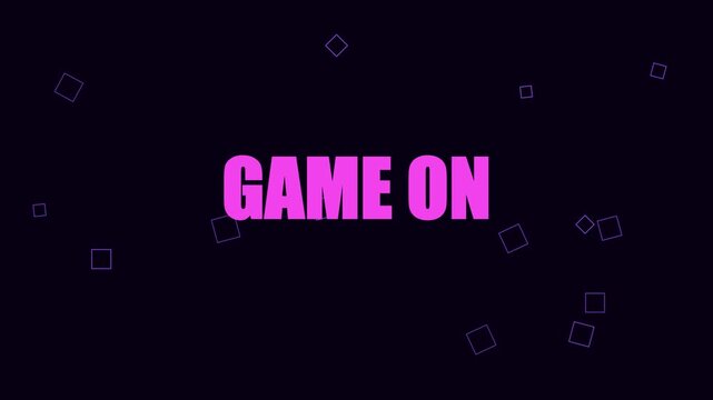 Game on neon text animation with floating square particles for gaming intro and esports branding 4k