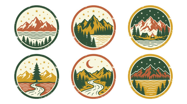 Set of six circular pixel art badges with mountain landscapes, rivers, trees, and starry skies, outdoor adventure themes