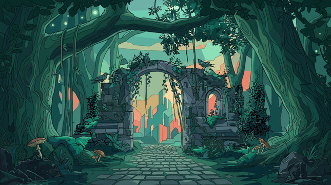 Un arco de piedra antiguo cubierto de vegetaci&oacute;n en un bosque encantado con un camino de adoquines que conduce a un horizonte crepuscular en una ilustraci&oacute;n de estilo fant&aacute;stico.