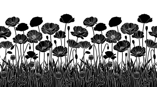 Bordo decorativo senza giunture con silhouette di fiori di papavero neri su sfondo bianco, ideale per design floreali, stampe tessili e progetti grafici eleganti e minimalisti.